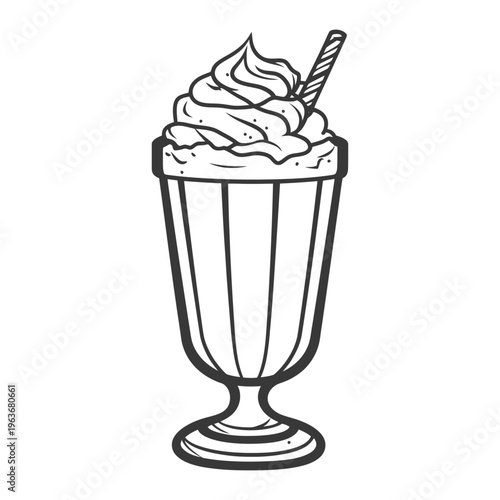 A tall glass of milkshake topped with whipped cream and straw
