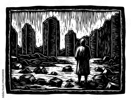 Lone person standing in a ruined city landscape with tall buildings in vintage woodcut style