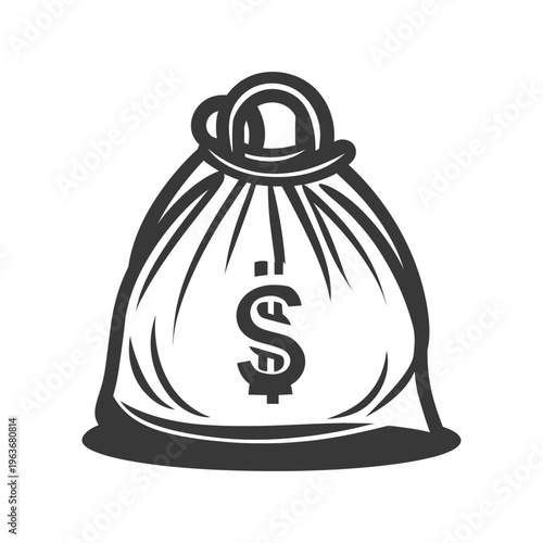A simple black and white drawing of a money bag graphic