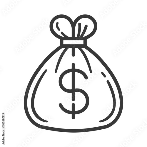 A black and white illustration of a money bag with dollar sign
