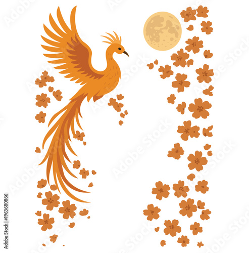 A digital graphic illustration featuring a vibrant fiery phoenix bird flying alongside a full moon and falling flowers. 