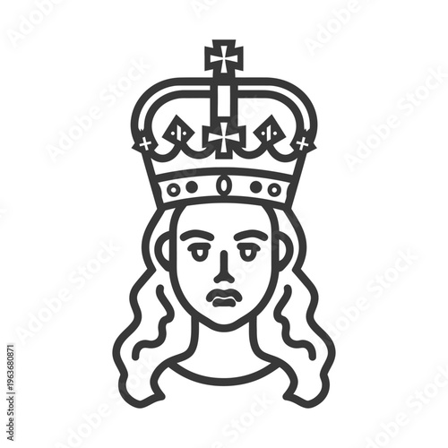 The stylized drawing presents a royal woman wearing a crown