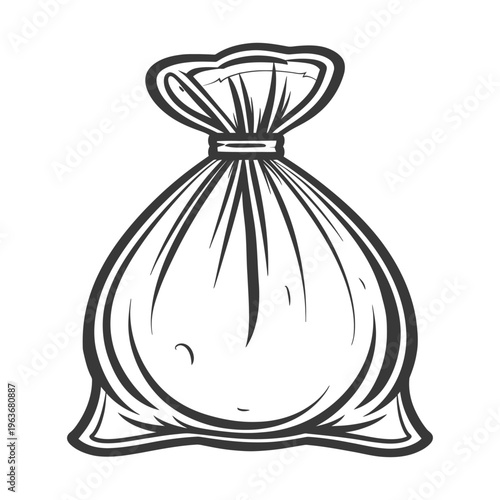 A black and white illustration of a tied sack or bag
