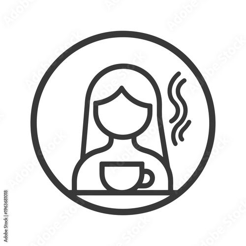 A woman is holding a steaming cup of beverage inside a circle