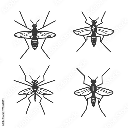 Four Stylized Drawings Depicting Various Mosquito Poses in Black