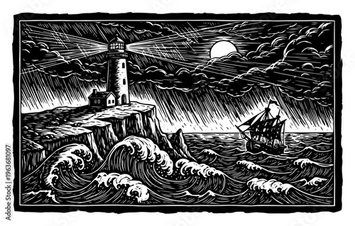 Lighthouse on a cliff with ship in stormy sea in vintage woodcut linocut style