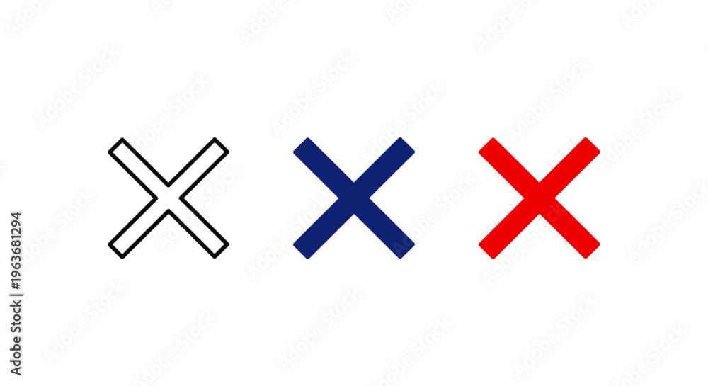 Obraz premium Close Icon Set: Outline, Blue, and Red Vector Symbols for Error, Delete, and Cancel Interface Design