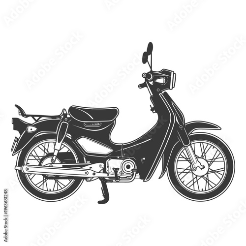 A detailed monochrome depiction of a small two wheeled motorbike