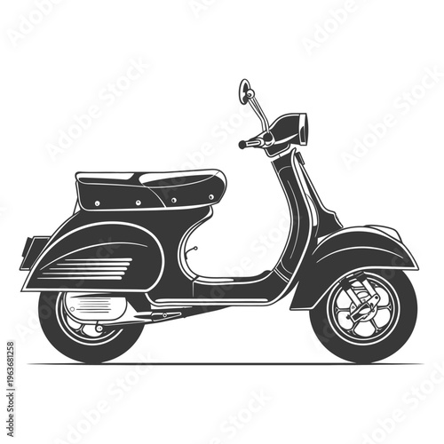A detailed side view of a black vintage motor scooter