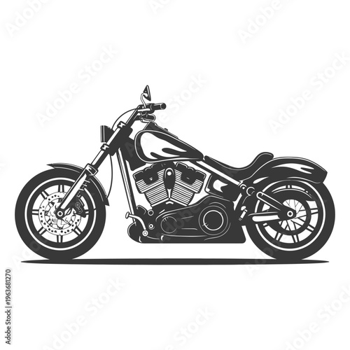 A monochrome illustration depicting a classic motorcycle in profile view