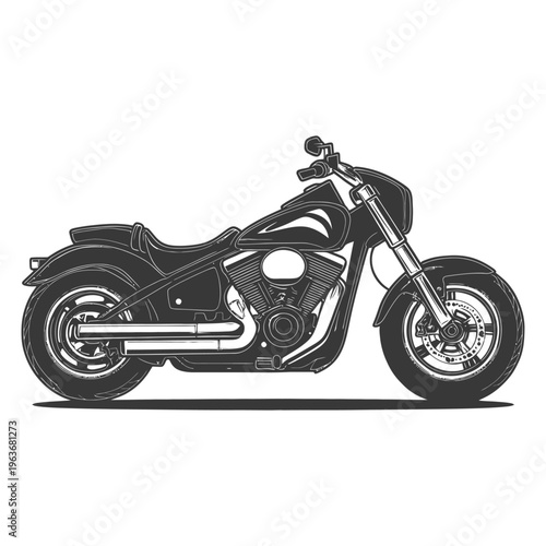 Detailed monochrome drawing depicting a classic styled motorcycle from side view