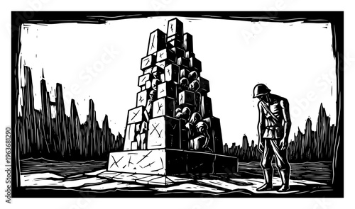 Soldier standing in front of a war memorial monument in linocut style