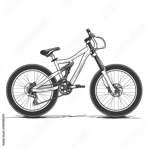 A detailed black and white illustration of a mountain bicycle
