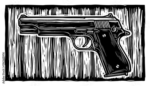 Semi automatic handgun pistol weapon in vintage linocut illustration style