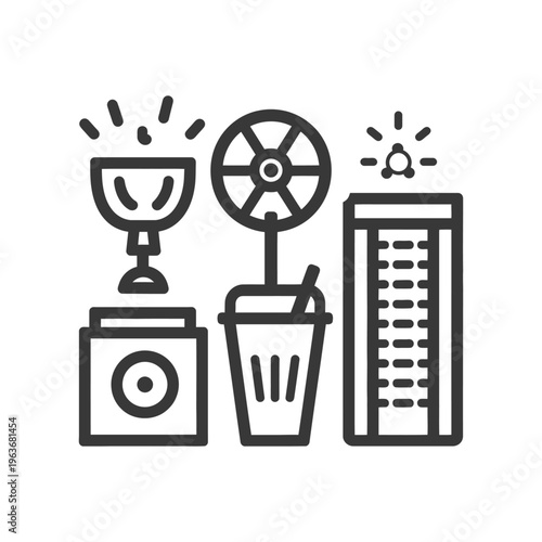 Black and white graphic icons representing technology and refreshment