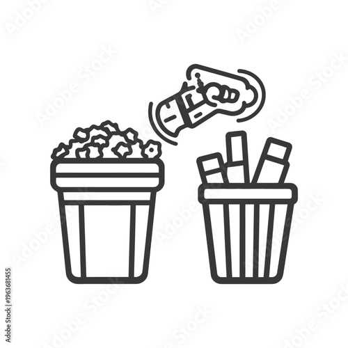 A hand dropping a pretzel into a garbage bin with other foods