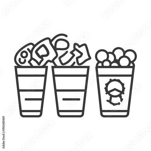 Three different trash receptacles filled with various discarded items