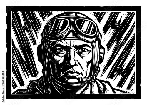 Brave military pilot portrait with goggles and helmet in woodcut style