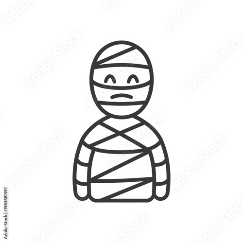 A wrapped cartoon figure with a smiling and sad facial expression