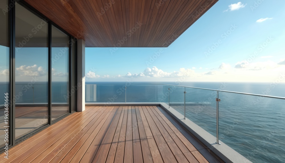 Naklejka premium Modern apartment balcony with wooden deck and glass railing overlooks calm ocean horizon. Contemporary building exterior offers serene sea view with clear blue sky above.