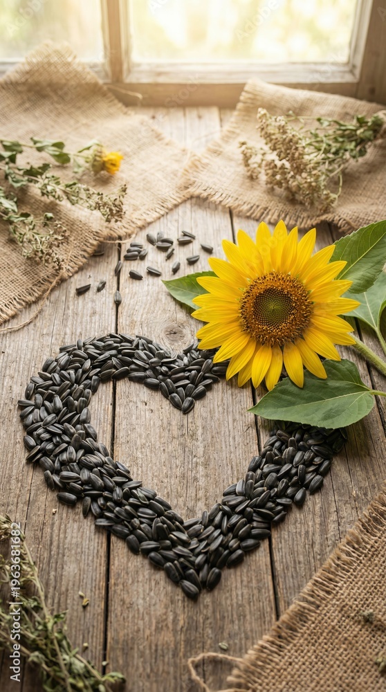 Naklejka premium Creative heart shape made of seeds and grains on a rustic wooden surface with a sunflower and natural light in a kitchen setting