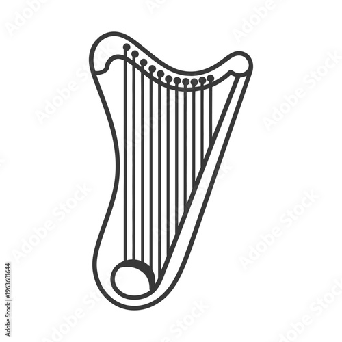A black and white illustration of a musical stringed harp