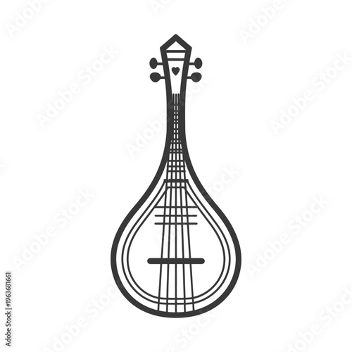 A black and white illustration shows a stringed musical instrument