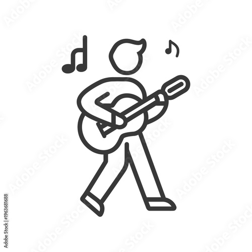 A simple black and white illustration of a guitar playing person