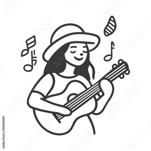 A woman serenades with a guitar and joyful musical notation
