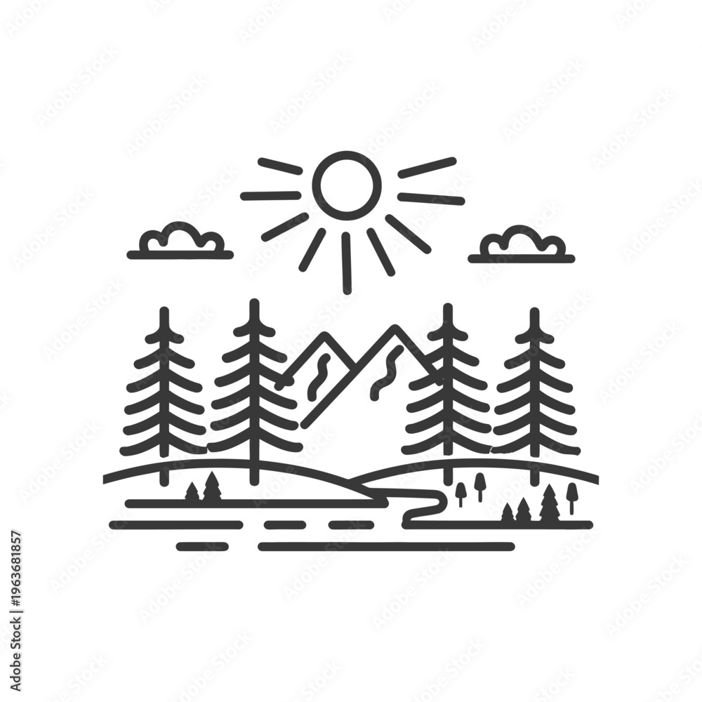 Naklejka premium Simple line drawing depicting a serene mountain nature scene