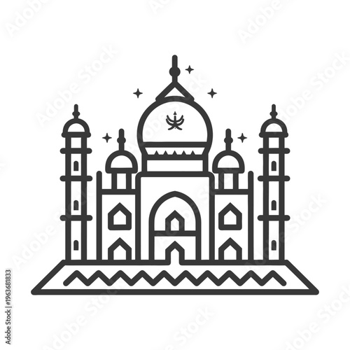 A black and white line drawing of a grand building