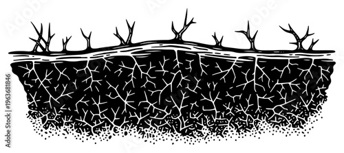 Cross section of earth with roots and dead plants in vintage engraving style