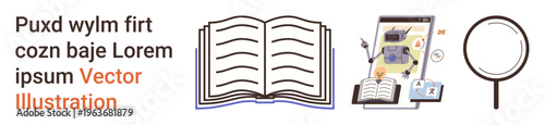 Education, online learning, research, knowledge search, academic tools, digital resources. Graphic of an open book, e-reader screen and magnifying glass. Education and online learning
