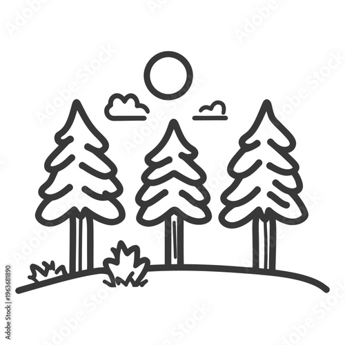 Three stylized evergreen trees stand on a small grassy hill under the sun