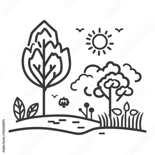 Simple black and white illustration of a scenic outdoor landscape