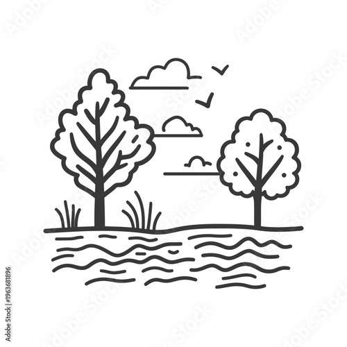 Two trees and water form a scenic illustration of outdoors