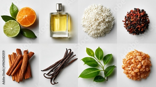 Assorted aromatic ingredients including citrus fruits, rice, spices, and essential oil arranged in a grid pattern on a light background for culinary or fragrance use