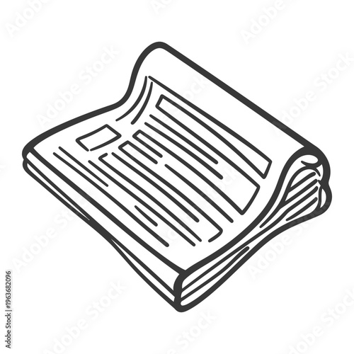 An open newspaper illustration is shown with detailed black lines