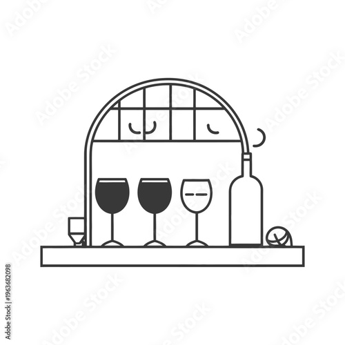 A minimalist line art image of wine glasses and a bottle