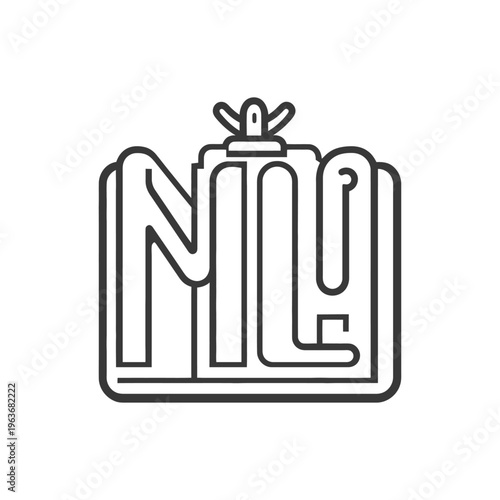 A stylized graphic design featuring three letters and a decorative element