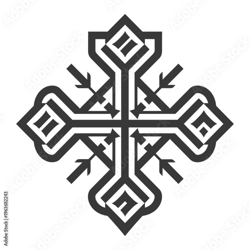 A symmetrical decorative cross with a complex geometric design