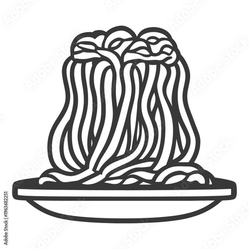 A black and white drawing of noodles on a plate