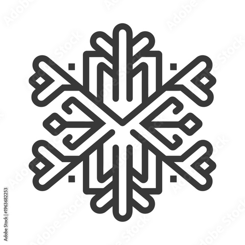 Geometric linear illustration of a symmetrical stylized snowflake design