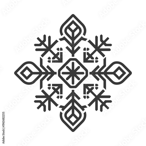 A symmetrical geometric design with detailed elements and patterns