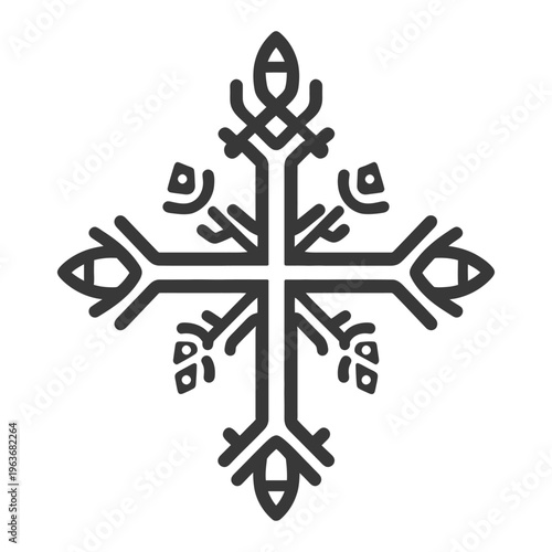 A symmetrical linear decorative snowflake design on white background