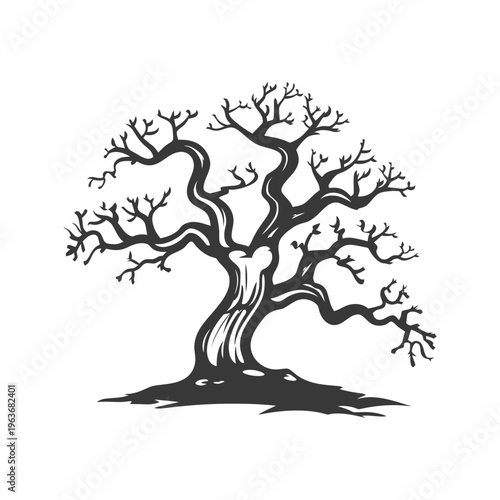 A stylized illustration of a bare tree silhouetted on white
