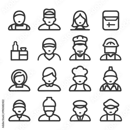 Simple outline drawings depicting various occupations and professions icons