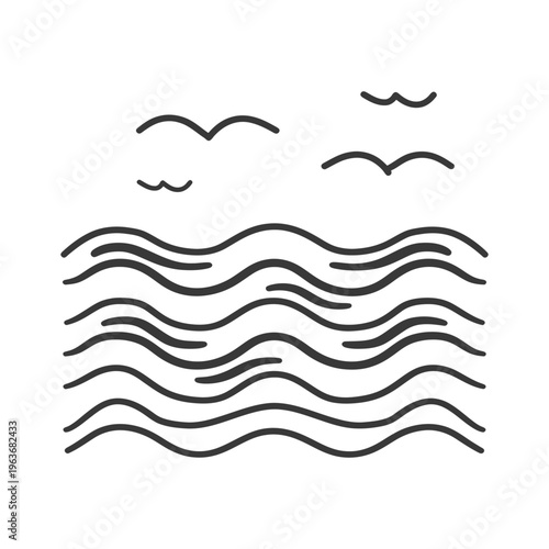 Simple line drawing depicts ocean waves and flying birds silhouettes