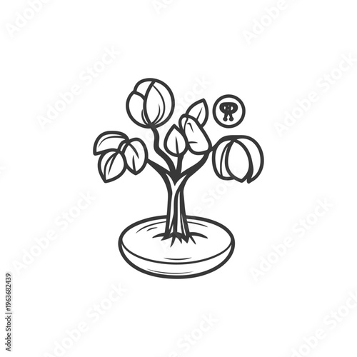 A small stylized illustration depicts a potted plant with its leaves and fruits