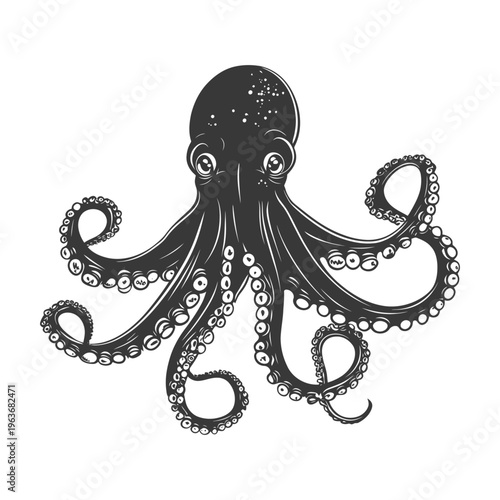 Black and white illustration depicts an octopus with eight tentacles spread out